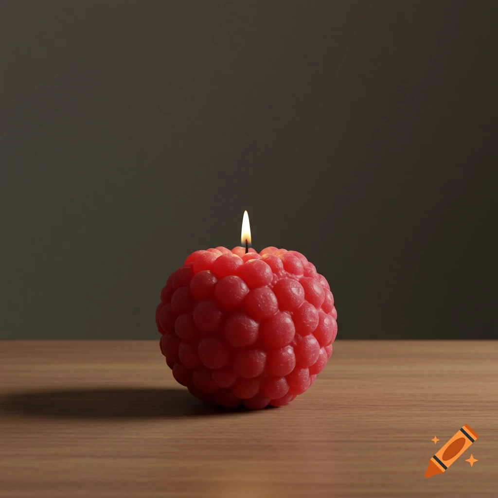 A red candle shaped like a raspberry burns on a wooden table against a dark background, in a minimalist style.