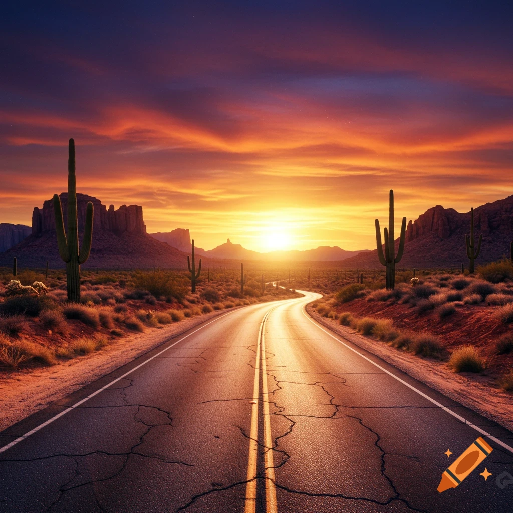 A winding desert road at sunset with saguaro cacti and mountains under ...
