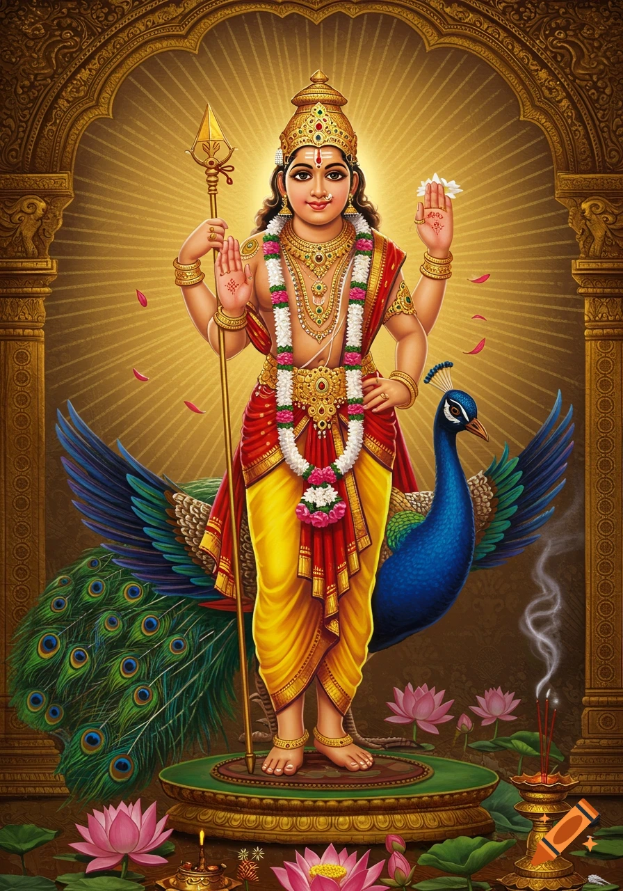 Vibrant depiction of Lord Muruga with four arms, holding a spear, standing on a lotus pedestal with a peacock and golden arched background.