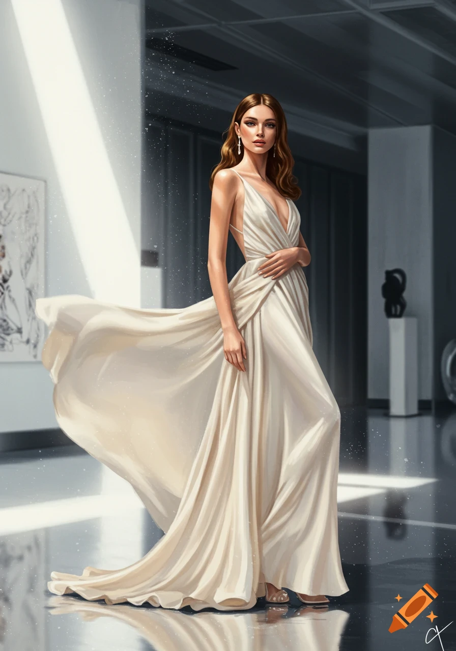 A female model in a flowing, cream-colored gown poses elegantly in a modern, well-lit art gallery.
