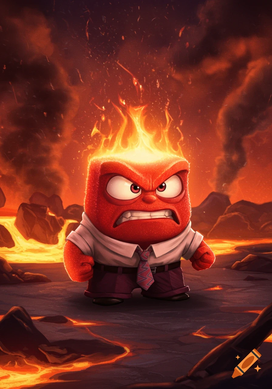 Animated red character Anger from Inside Out, fuming with fire on his head, standing in a fiery volcanic landscape.
