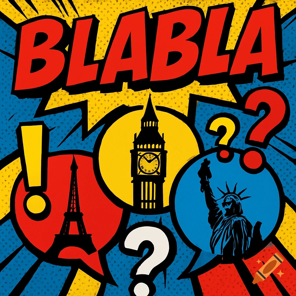 Pop Art illustration with 'BLABLA' text above speech bubbles containing the Eiffel Tower, Big Ben, and the Statue of Liberty, against a dotted blue and yellow background.
