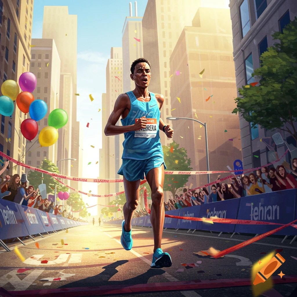 A male runner in a blue uniform finishes a marathon race in a city, with confetti, balloons, and cheering spectators.