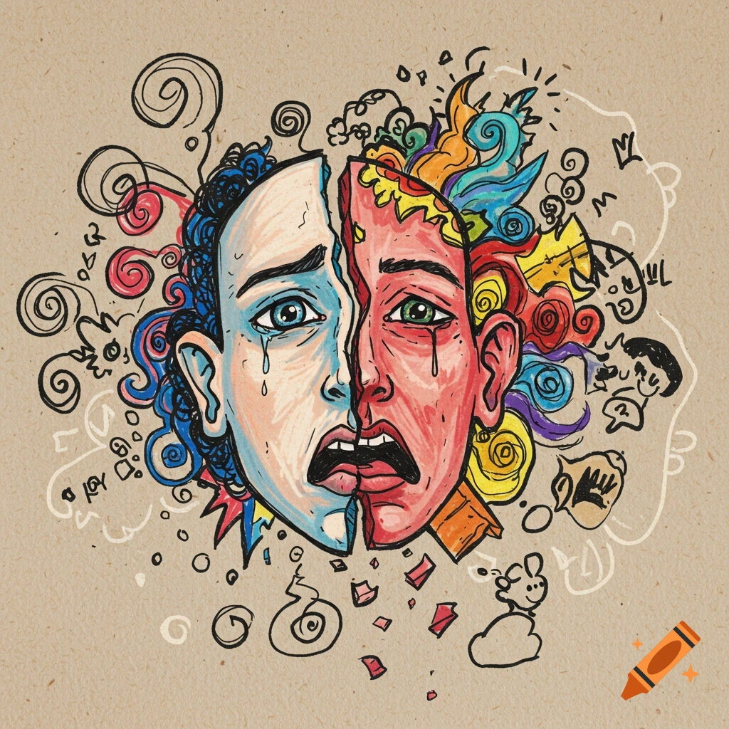 Hand-drawn illustration of a face split in half, one side crying blue, the other stressed red, surrounded by chaotic colorful doodles on a kraft paper background.