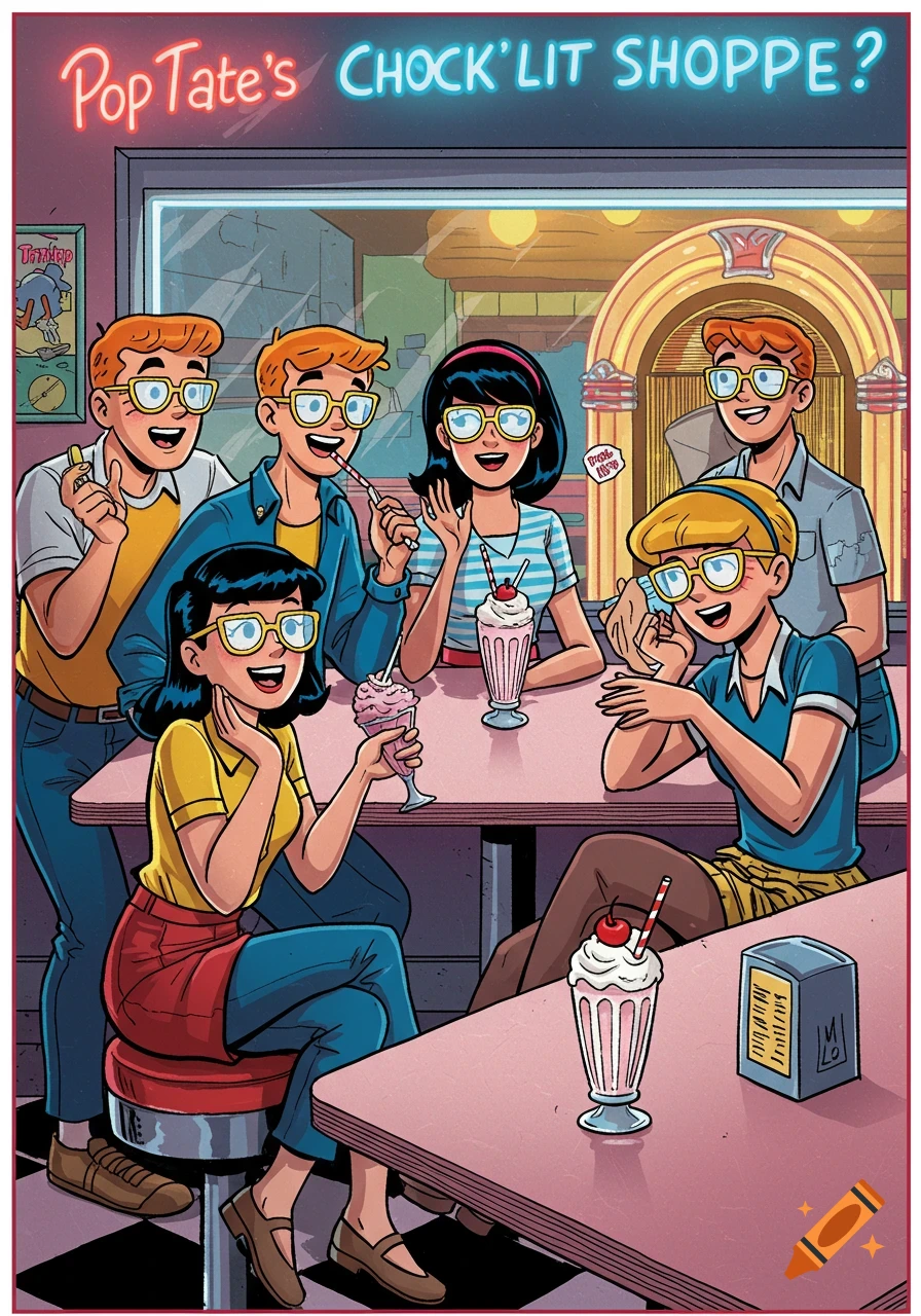 Archie comics characters with horned-rimmed glasses are gathered in a retro diner, drinking milkshakes and conversing, in a vibrant cartoon style.