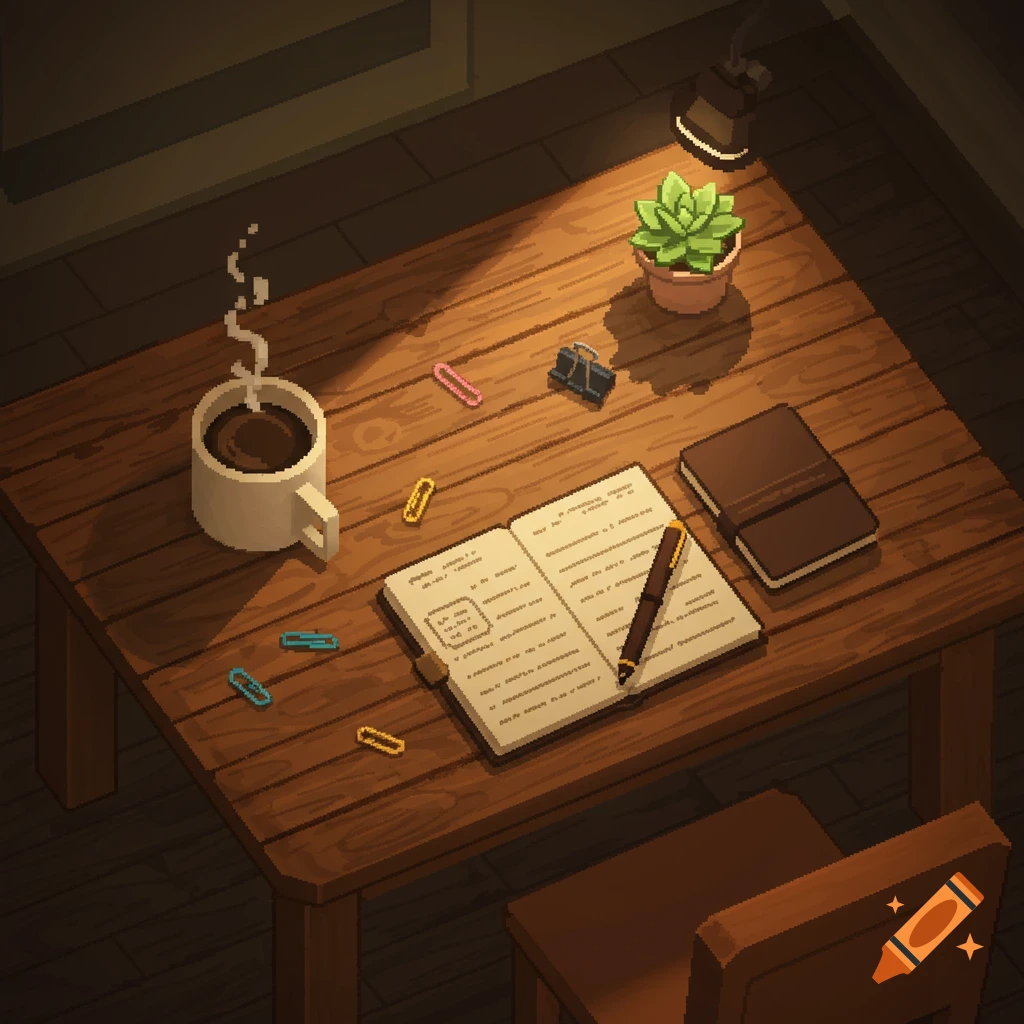 Pixel art top-down view of a wooden desk with a coffee mug, succulent plant, lamp, open notebook, and paper clips, lit by a warm glow.