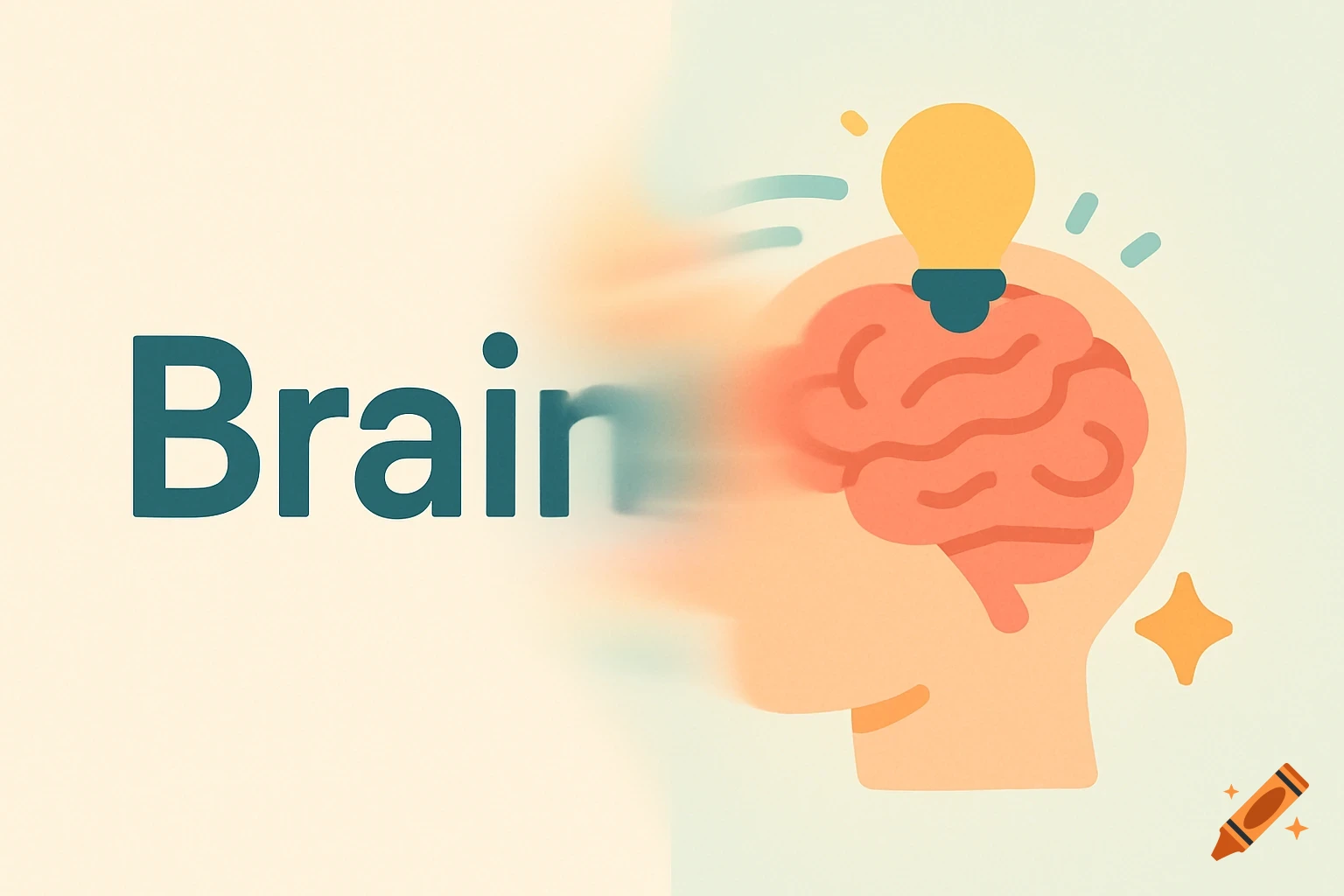 Stylized illustration of a head with a brain and a lightbulb, with 'Brain' written next to it, using a motion blur effect.