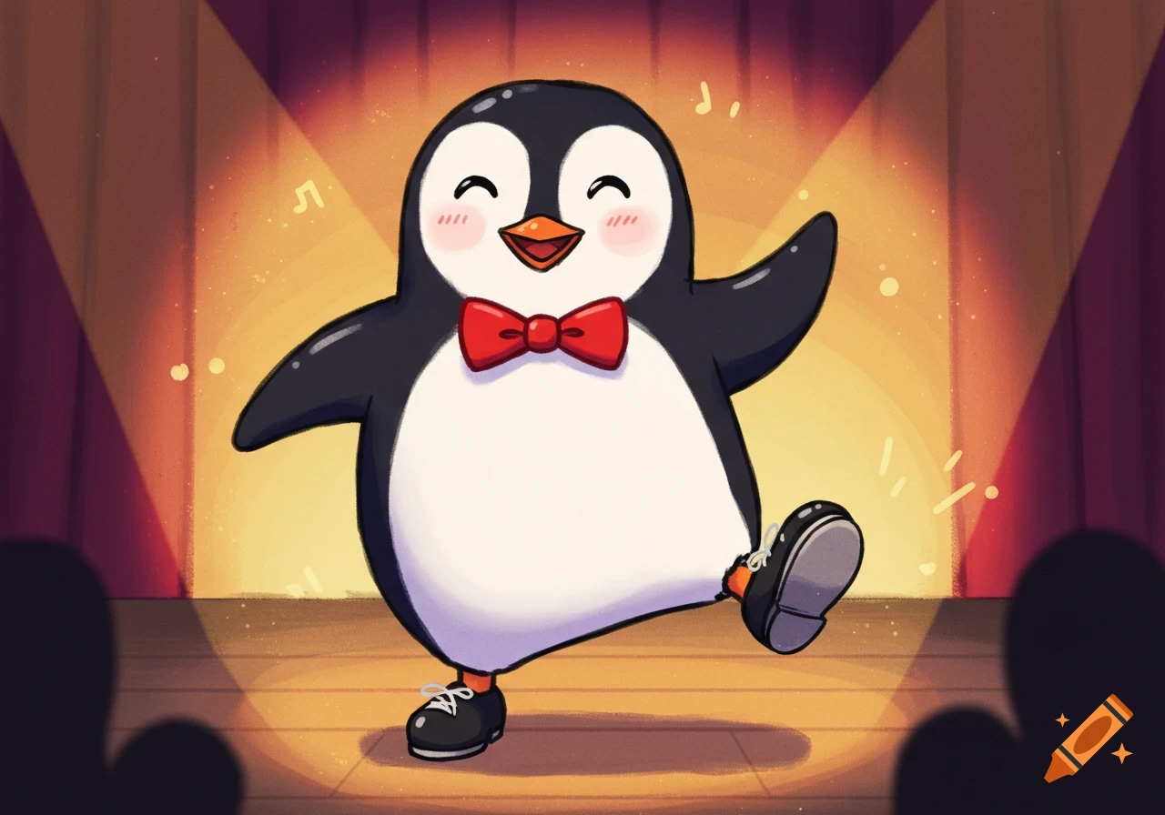 A friendly 2D cartoon penguin tap dancing on a spotlighted stage ...