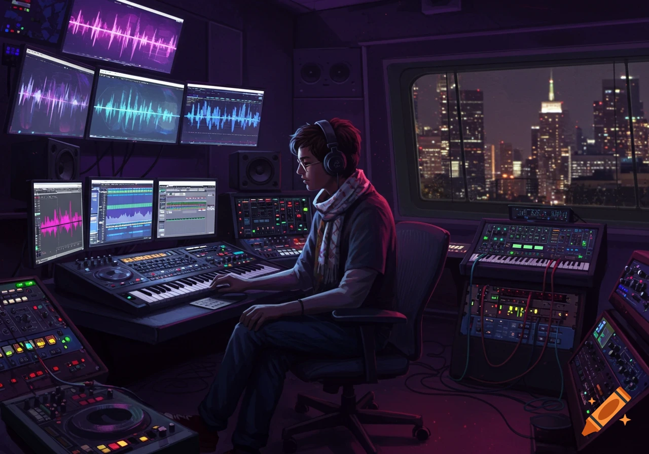 A person with headphones works on music production equipment in a dark studio overlooking a vibrant city at night.