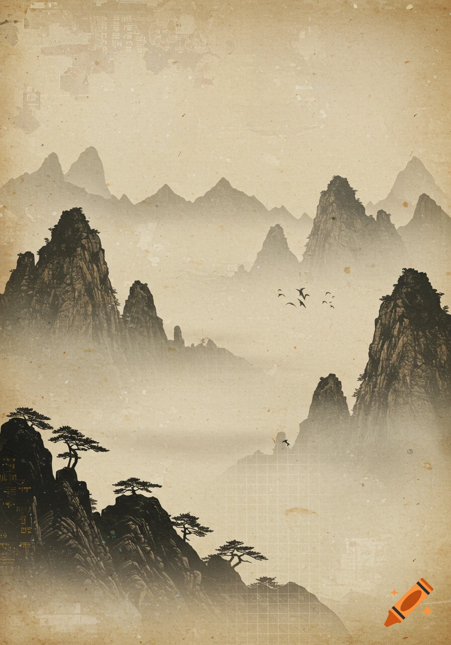 Misty mountain landscape in traditional Korean ink painting style with modern textures like grid patterns and distressed paper.