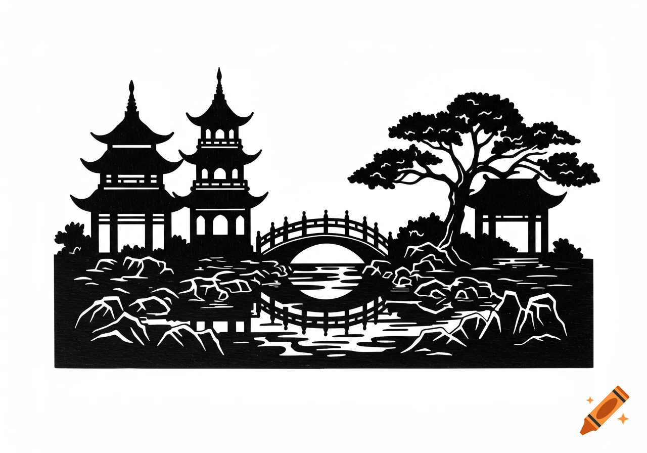 Black silhouette of a traditional Japanese garden scene with two pagodas, an arched bridge over water, a large tree, and surrounding rocks.