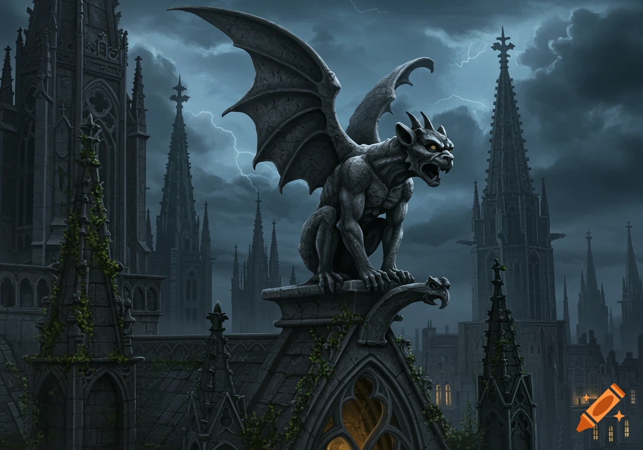 A stone gargoyle with glowing eyes perches on a gothic cathedral during a lightning storm under a dark, cloudy sky.