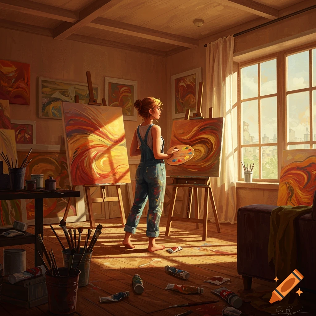A barefoot female artist in overalls stands in her sunlit studio, holding a palette and looking at her abstract painting on an easel.