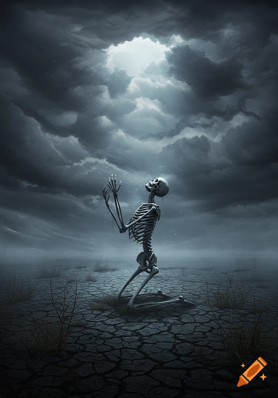 A kneeling skeleton with raised arms looks up at a bright light breaking through dark, stormy clouds over cracked, barren earth.
