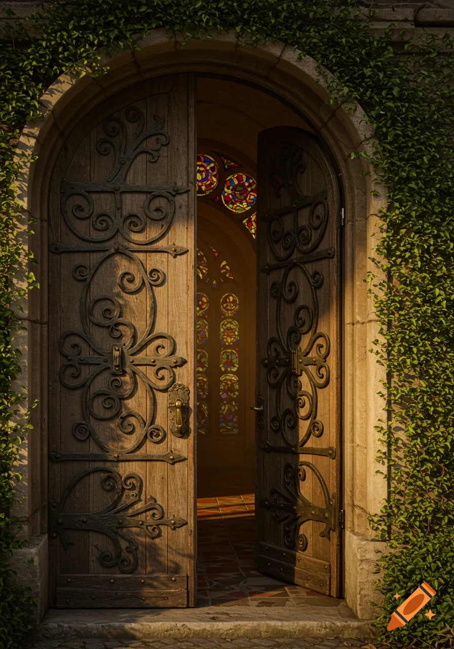 Ornate wooden double doors, partly open, covered in ivy, revealing colorful stained glass windows and a tiled floor inside. Photorealistic.