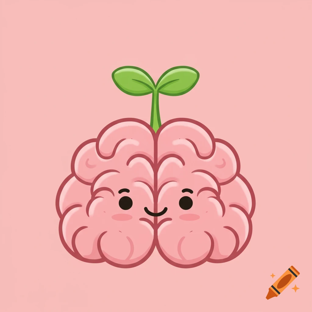 A cute, smiling cartoon brain with a green sprout growing from its top, set against a solid pink background.