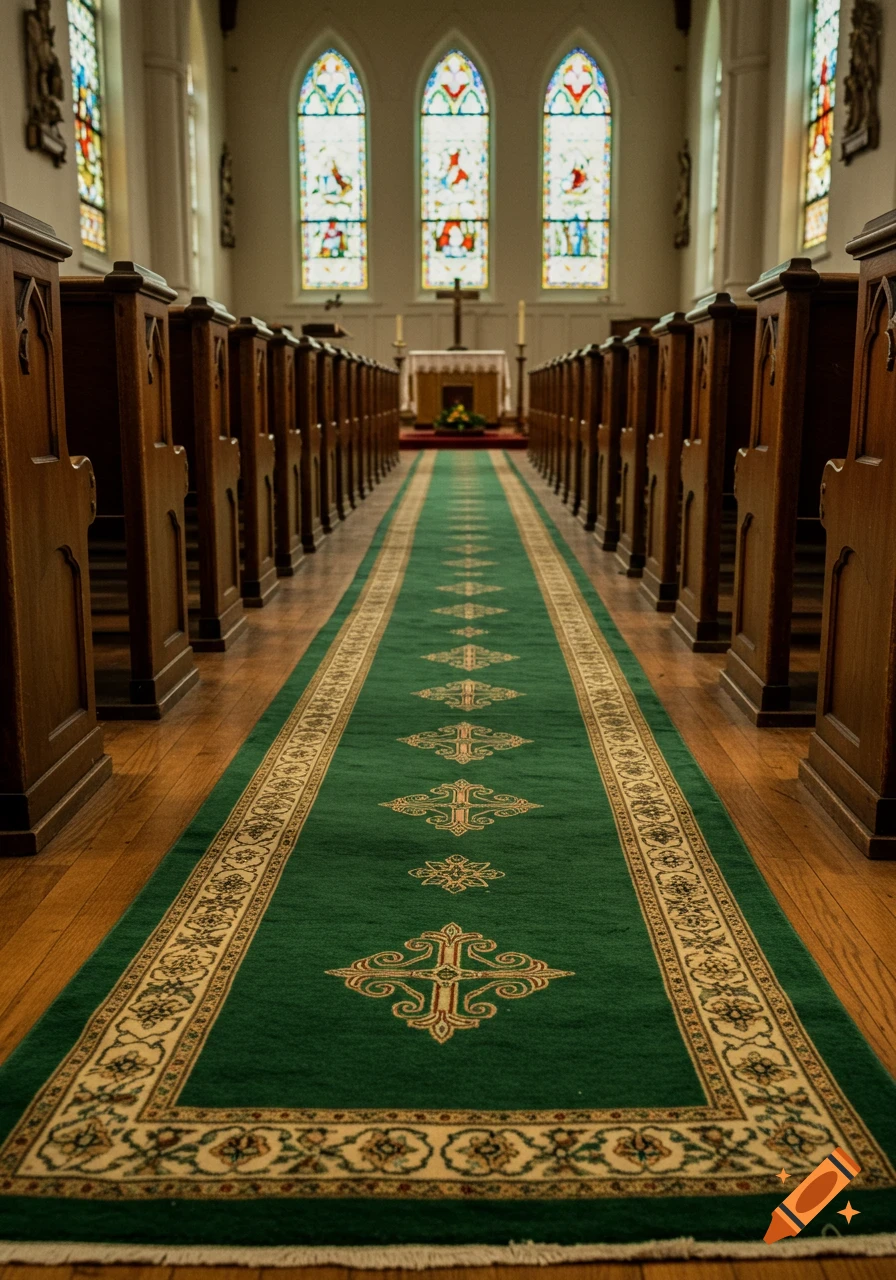 A long shot down a church aisle, featuring a green and gold patterned rug leading to the altar, flanked by wooden pews and stained glass windows.