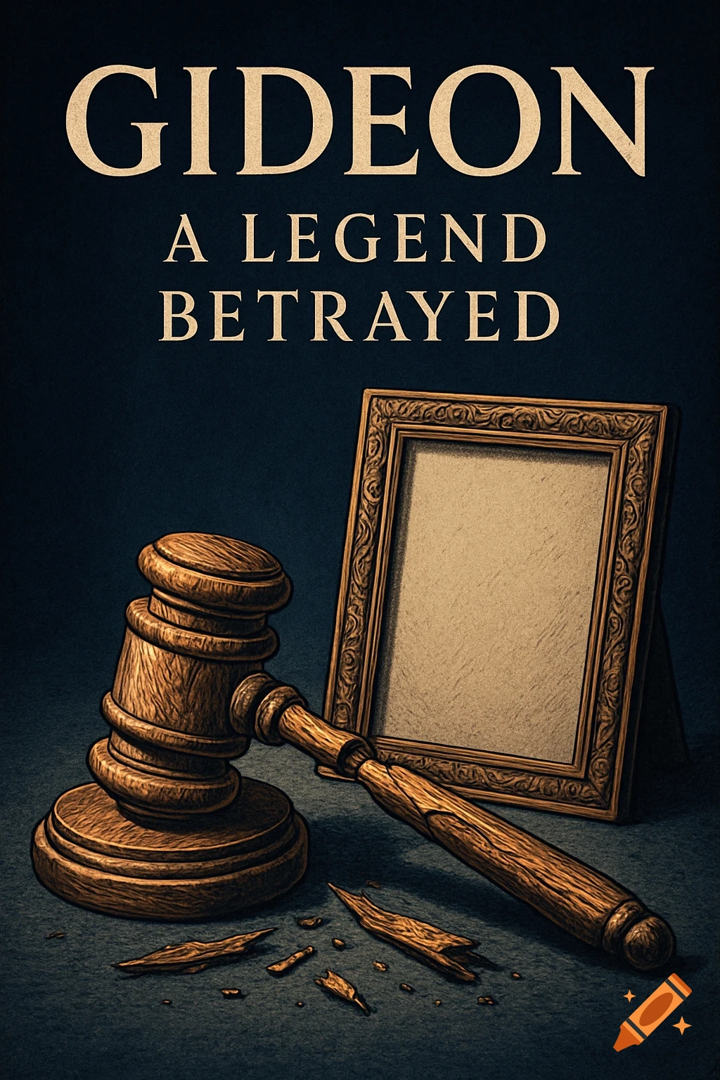 An illustrated book cover titled 'GIDEON: A LEGEND BETRAYED' features a broken wooden gavel and an empty photo frame.