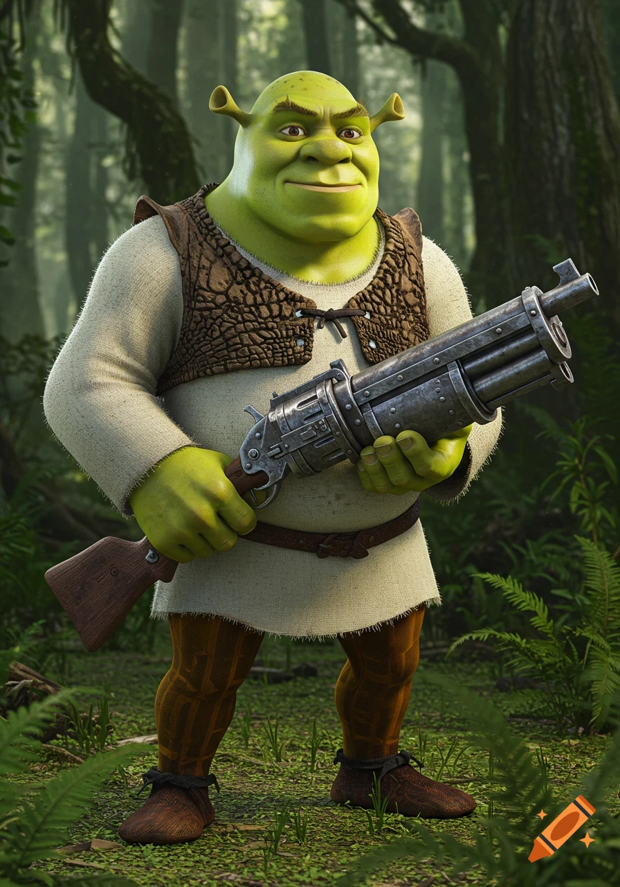 Shrek, the green ogre, stands in a forest holding a large, steampunk-style shotgun with a slight smile.