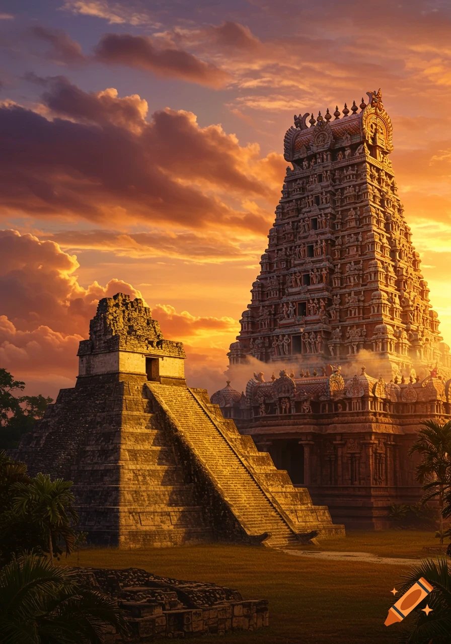 A Mayan-style pyramid stands next to a towering Hindu temple gopuram, silhouetted against a dramatic orange and purple sunset sky.
