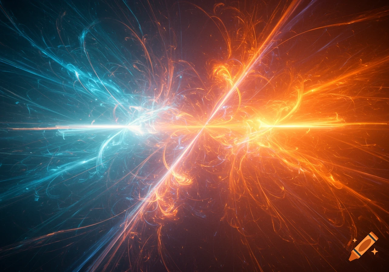 Abstract digital art of a bright horizontal light beam splitting into radiating blue and orange energy streaks on a dark background.
