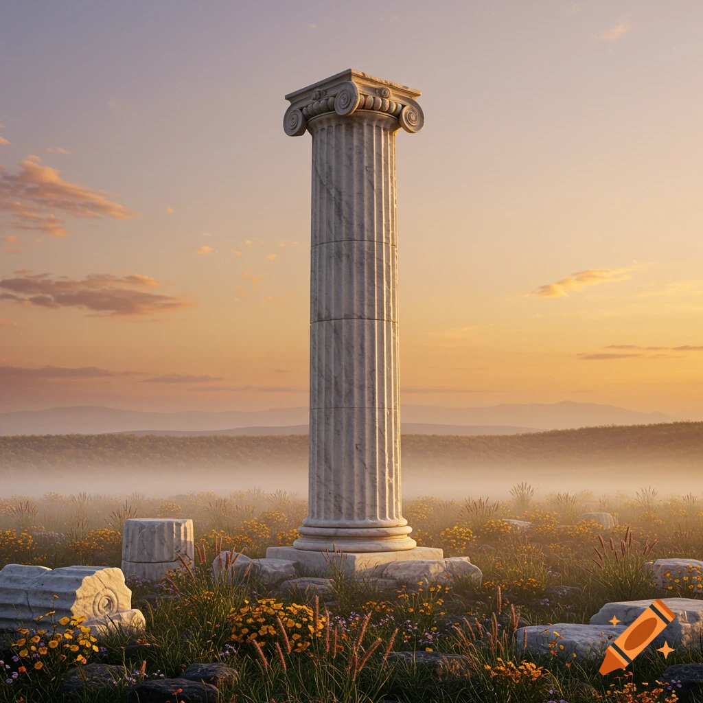 A tall, fluted white marble column with an Ionic capital stands in a wildflower field at sunset, with misty hills in the background.