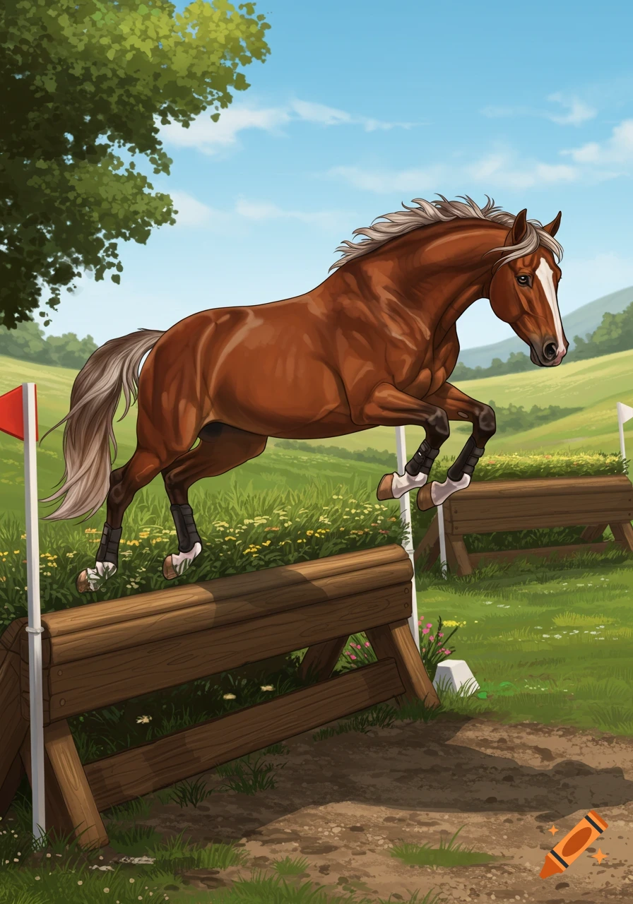 A liver chestnut horse with white socks and a blaze jumps a wooden obstacle on a grassy cross-country course, in an illustrated style.
