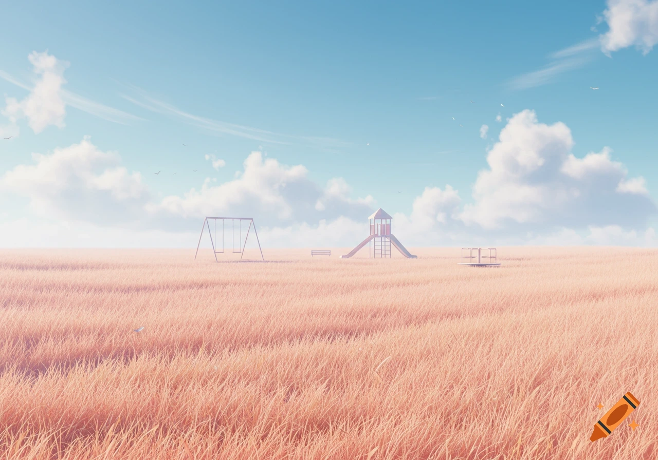 A serene landscape with a playground in a vast pale orange grassy field under a soft blue sky with clouds.