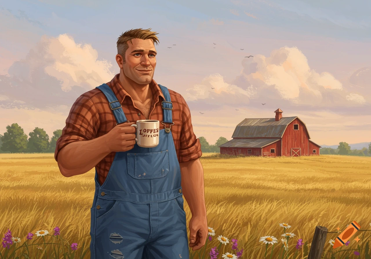 Muscular farmer in overalls and plaid shirt holds a mug in a golden wheat field with a red barn under a cloudy sky.