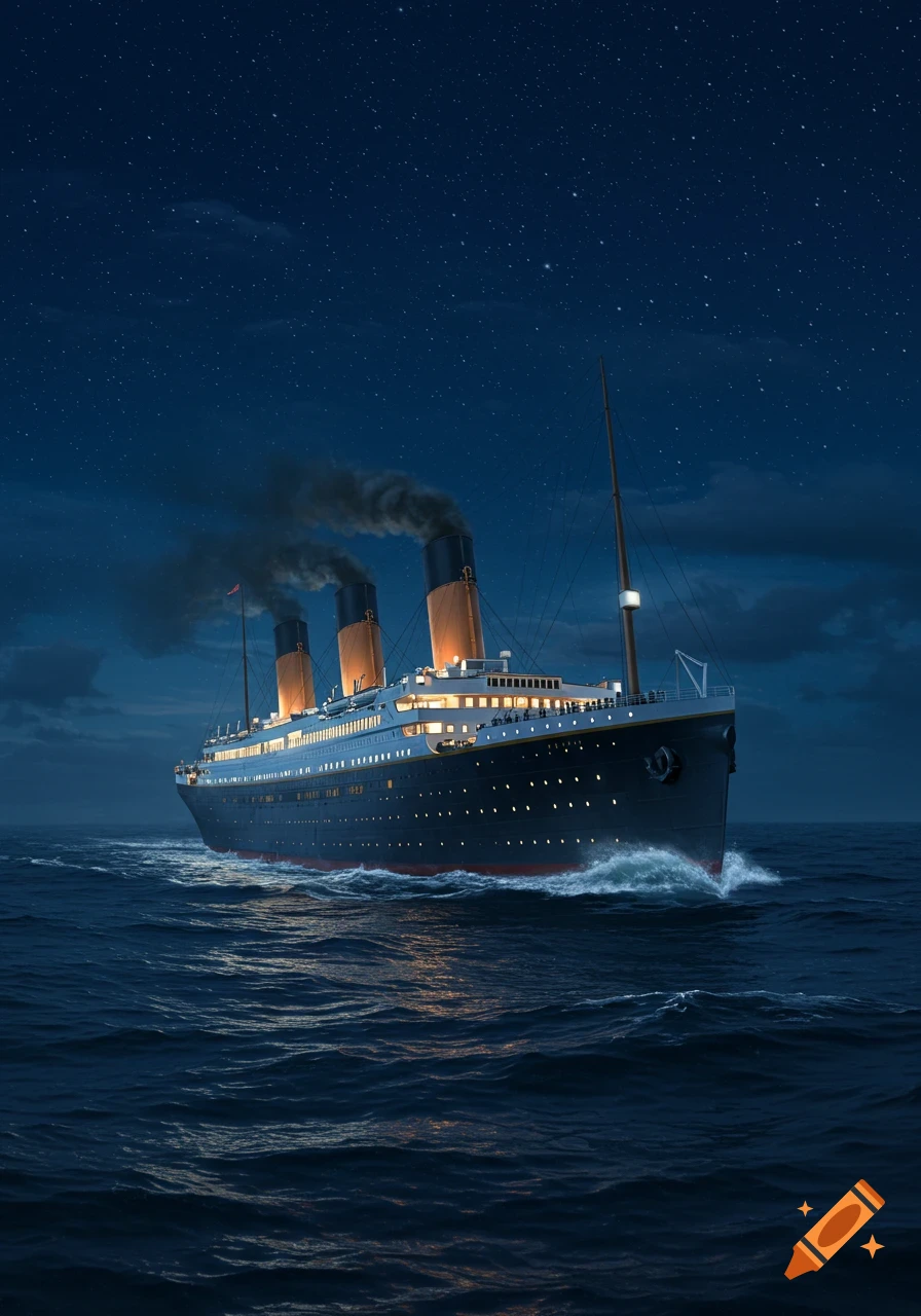 A majestic ocean liner, similar to the Titanic, sails on a dark, star-lit sea at night, with its lights illuminated.