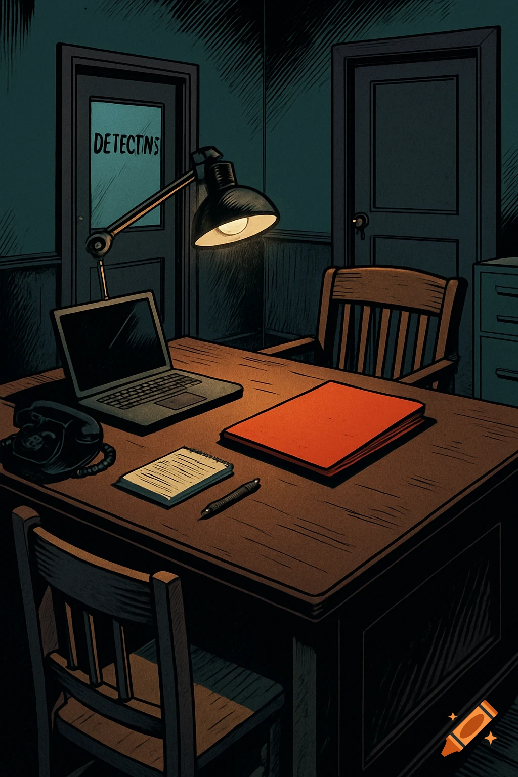 Comic book style detective's office at night with a lamp on a desk, a laptop, phone, red folder, and notebook. Text 'DETECTINS' is on a door.