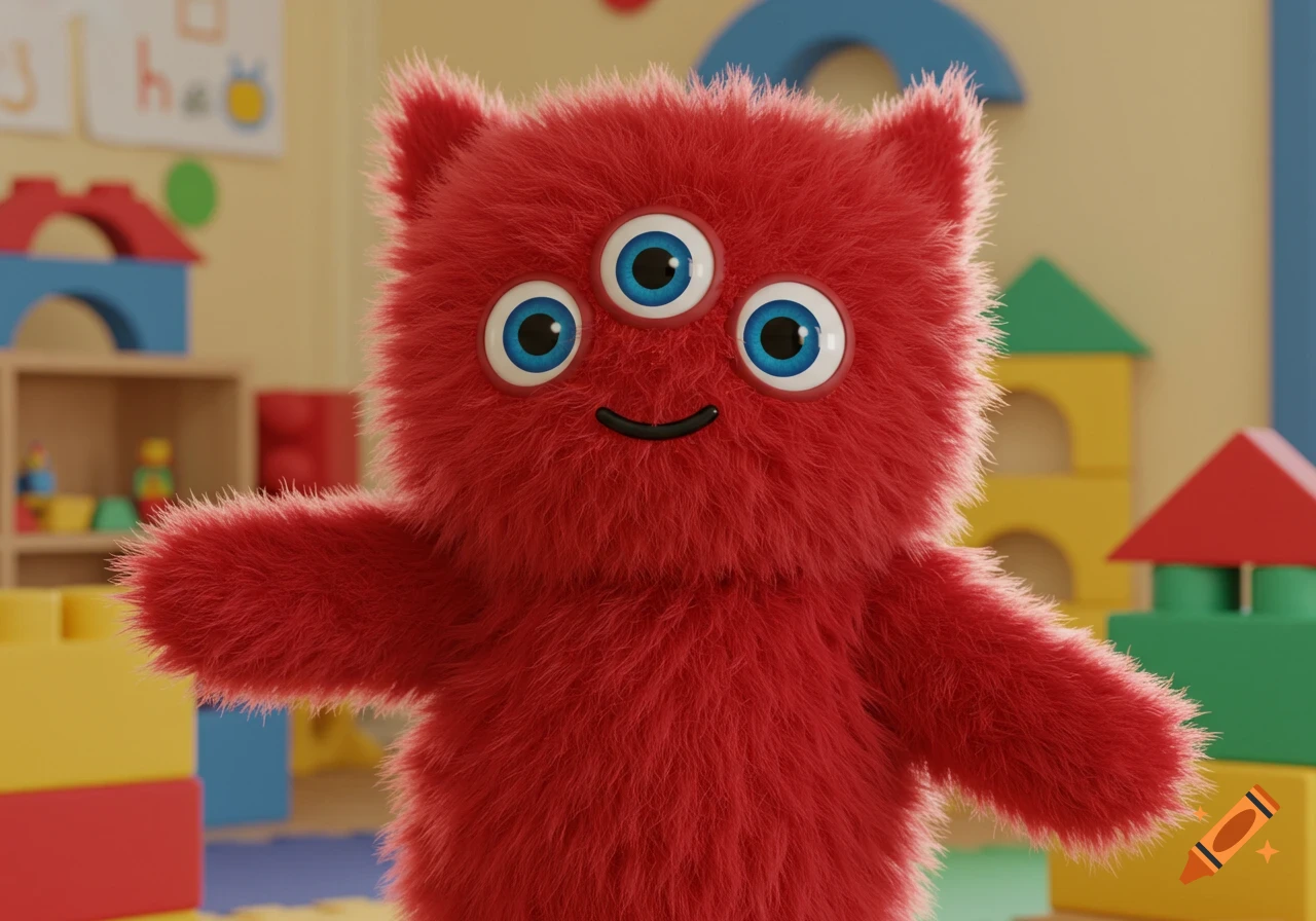 A fluffy red monster with three big blue eyes and a smile stands in a brightly lit children's classroom with colorful blocks in the blurred background.
