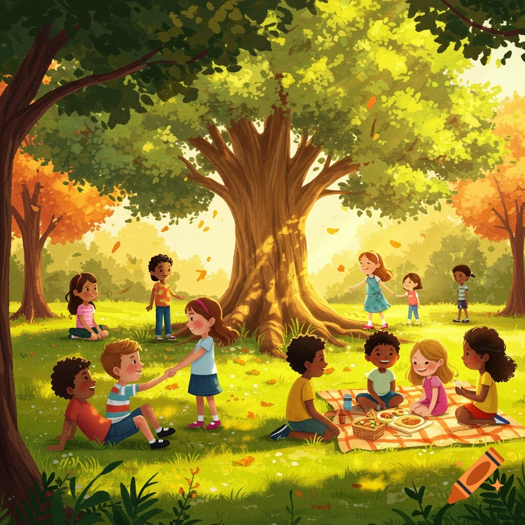 A colorful illustration of diverse children playing and having a picnic in a sunny park under large trees.
