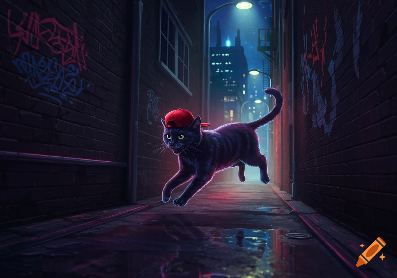 A black cat wearing a red baseball cap leaps through a dark, neon-lit urban alleyway with graffiti.