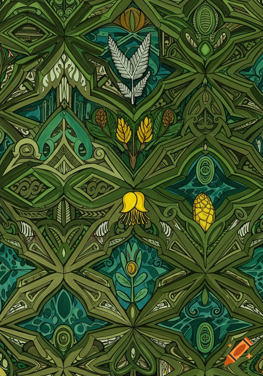 A vibrant, intricate green and teal pattern inspired by New Zealand flora, featuring stylized ferns and yellow flowers in a tessellated design.