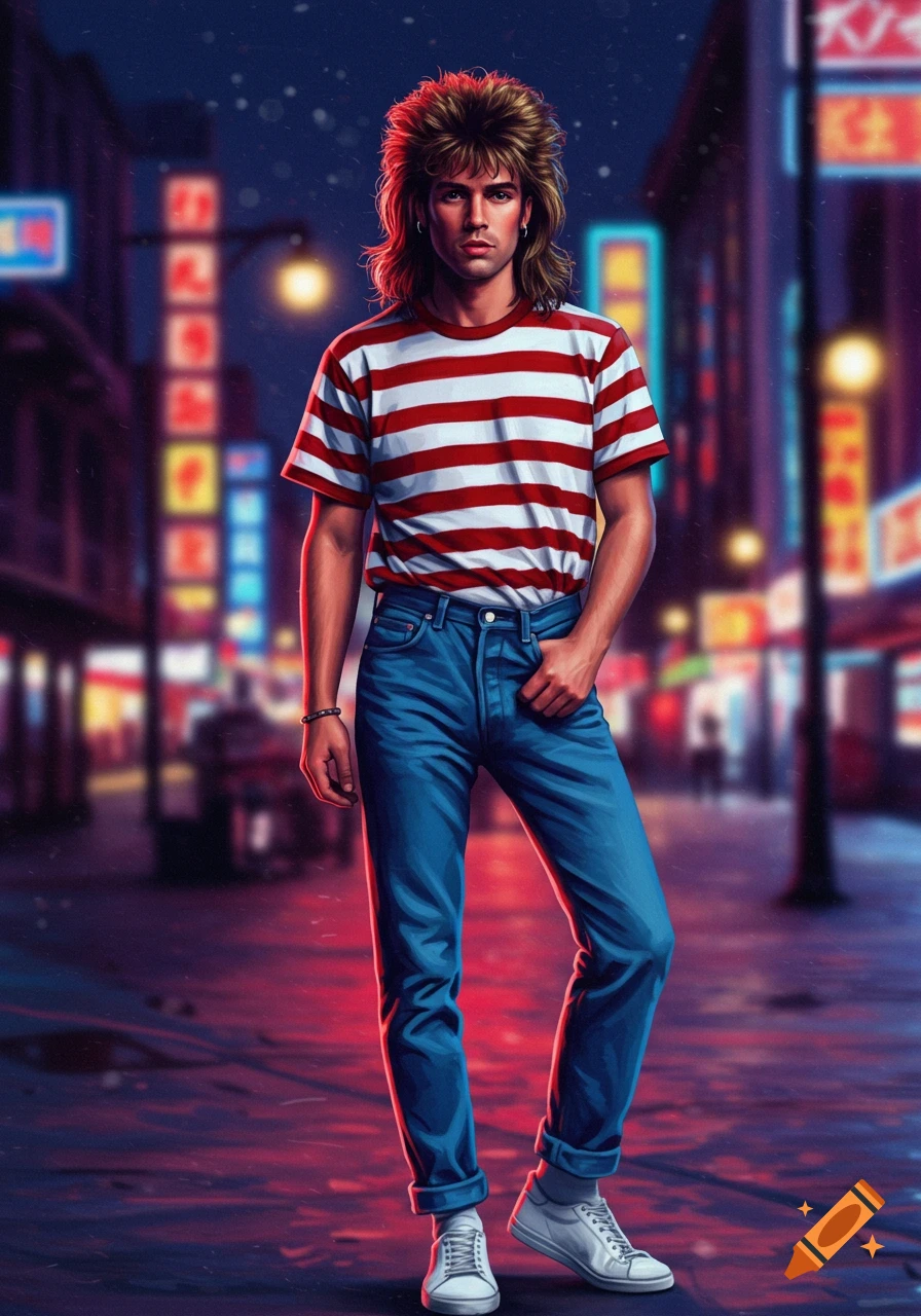 A man with a mullet, red and white striped shirt, jeans, and white sneakers stands on a neon-lit retro city street.