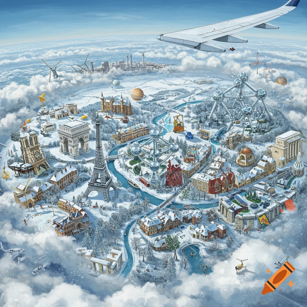 Whimsical illustration of a snowy miniature globe featuring European landmarks like the Eiffel Tower and Atomium, seen from an airplane.