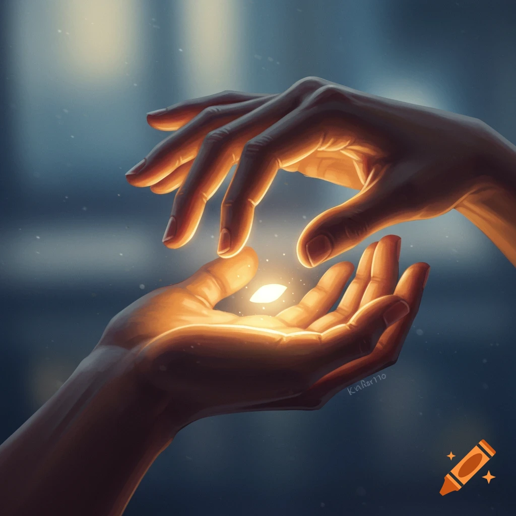 A close-up of two hands, one above the other, holding a soft glowing light between their palms against a dark background.