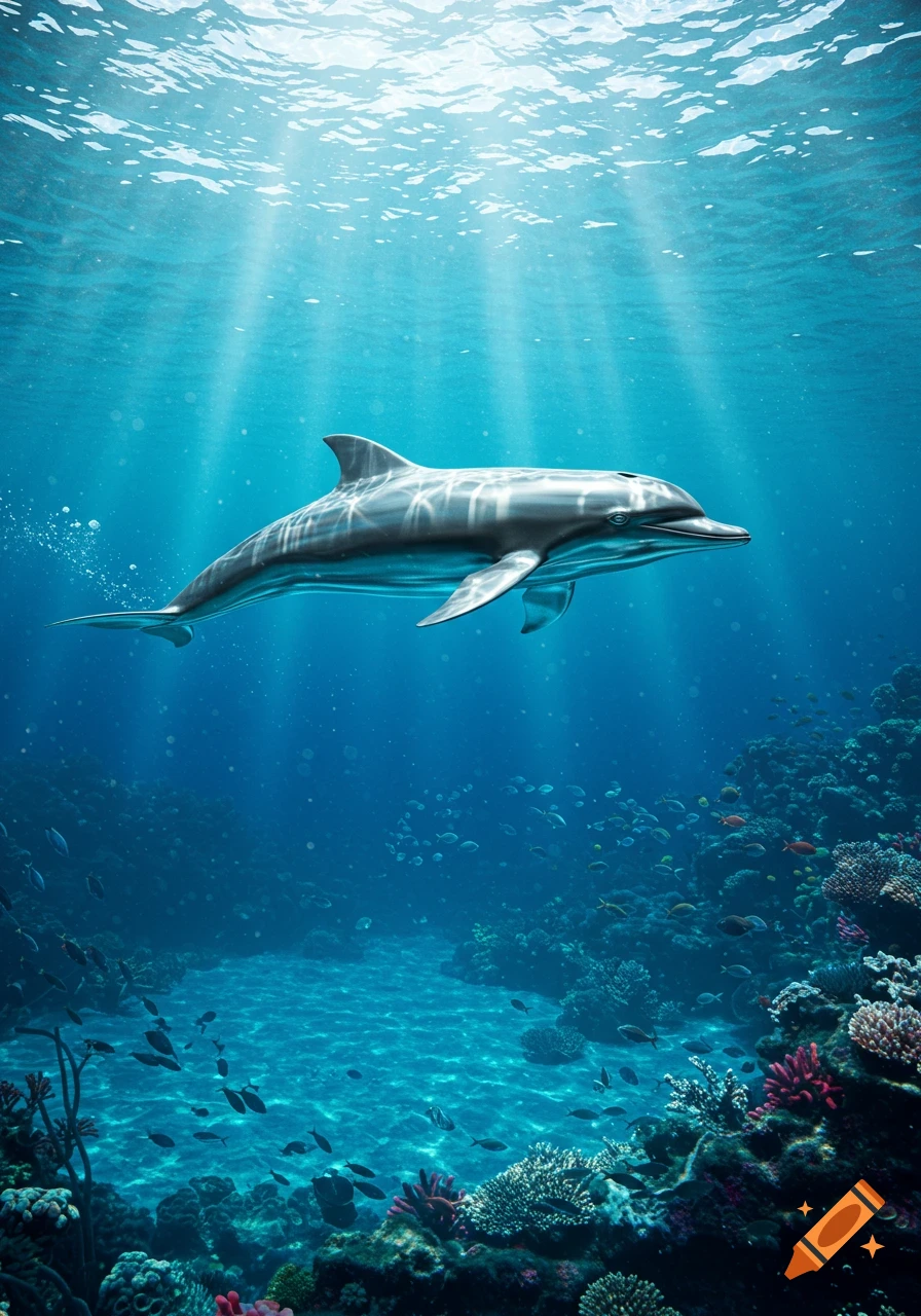 A photorealistic dolphin swims gracefully in clear blue ocean water above a vibrant coral reef with sun rays.