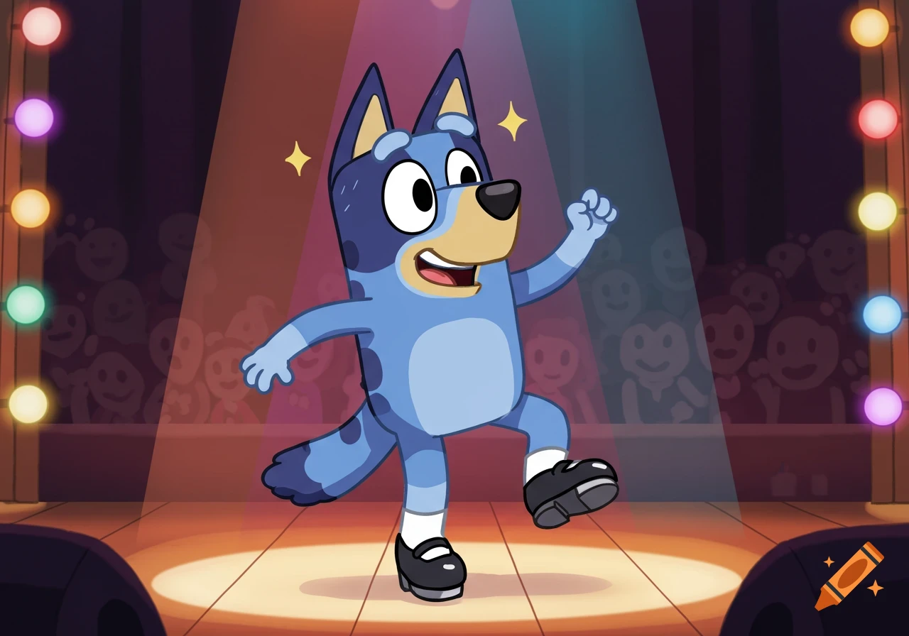 Bluey, a blue cartoon dog, tap dancing on a spotlighted stage, wearing white socks and black tap shoes.