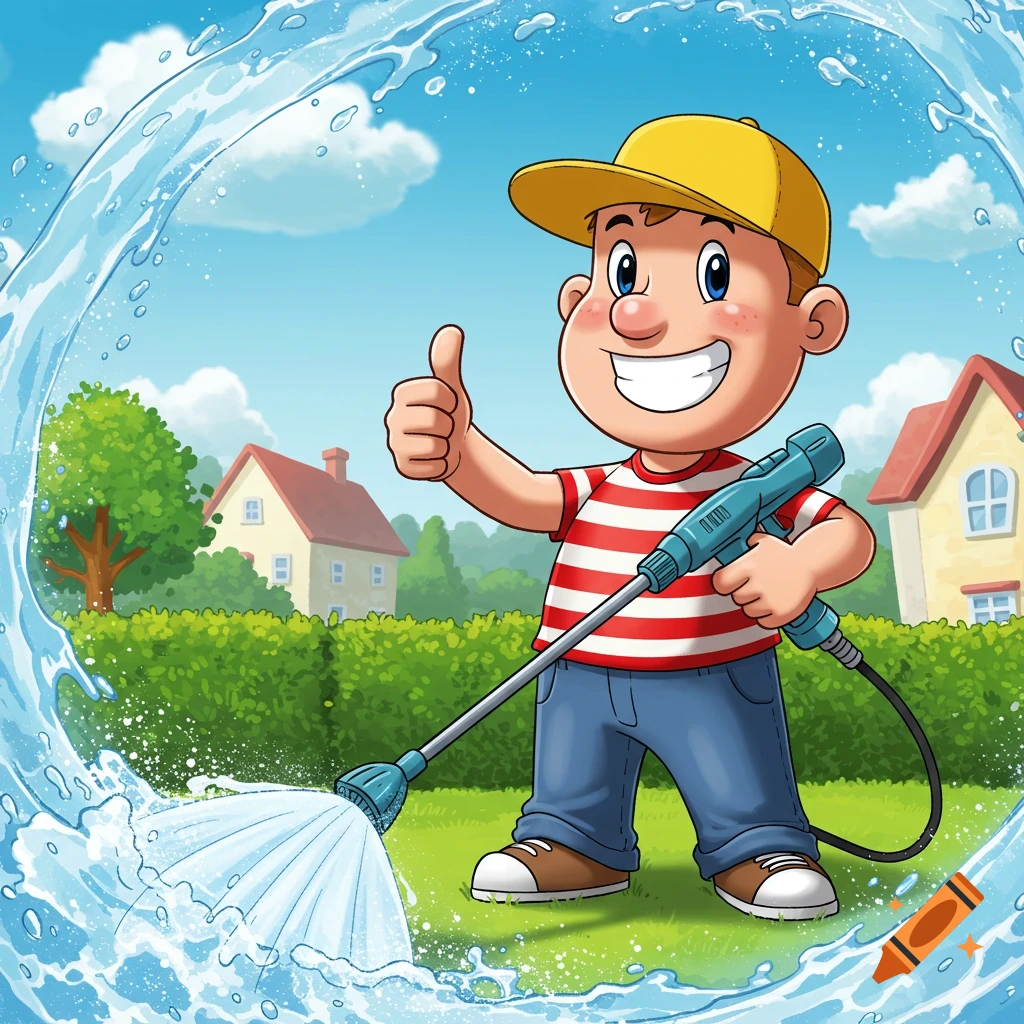 A smiling cartoon boy in a yellow cap gives a thumbs up while pressure washing a lush green lawn in a suburban garden, framed by splashing water.