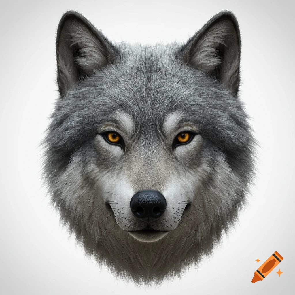 A photorealistic head of a grey wolf with bright orange eyes looking directly forward, against a white background.
