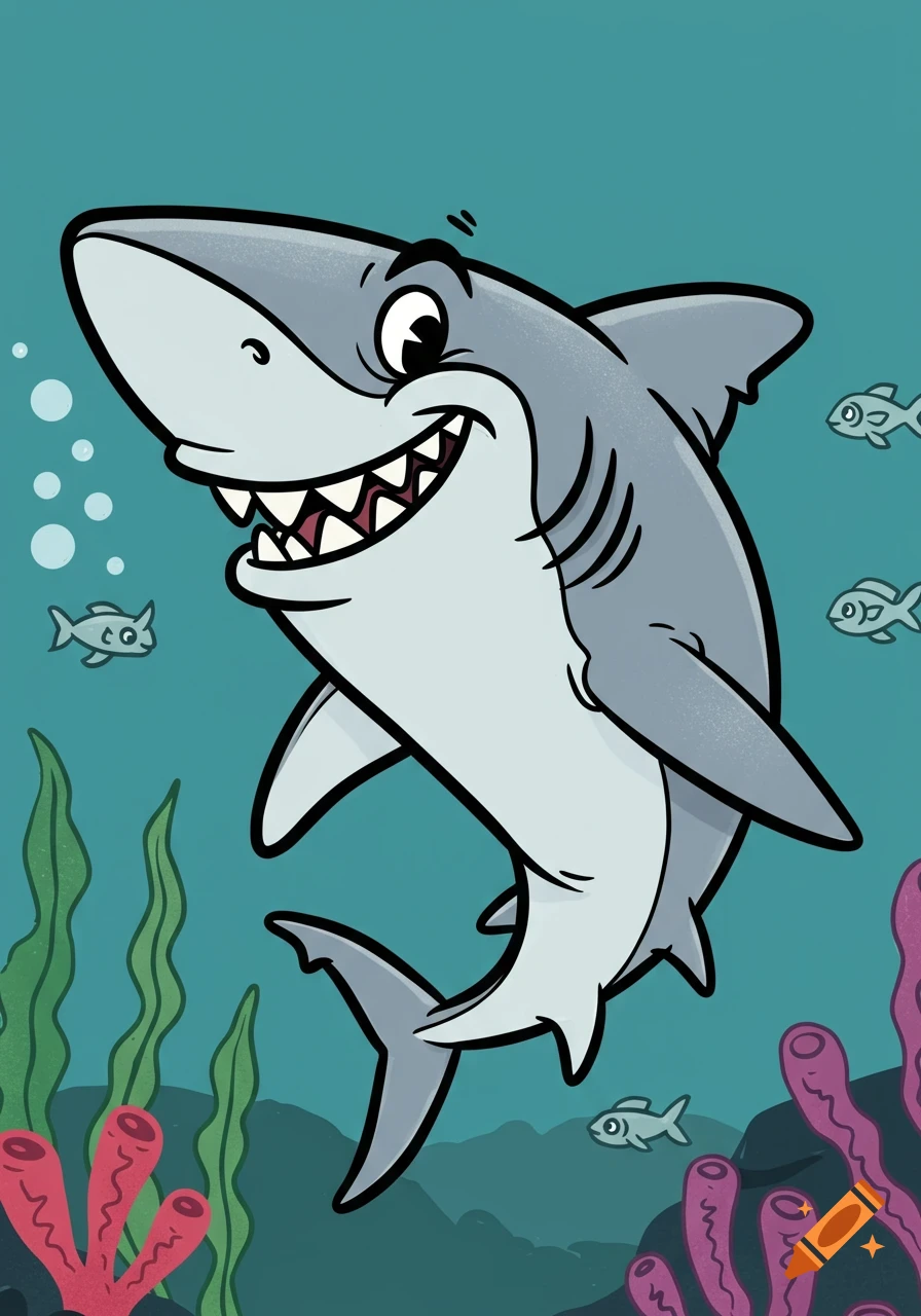 A friendly, smiling cartoon shark swims underwater with small fish, green seaweed, and red coral in the background.