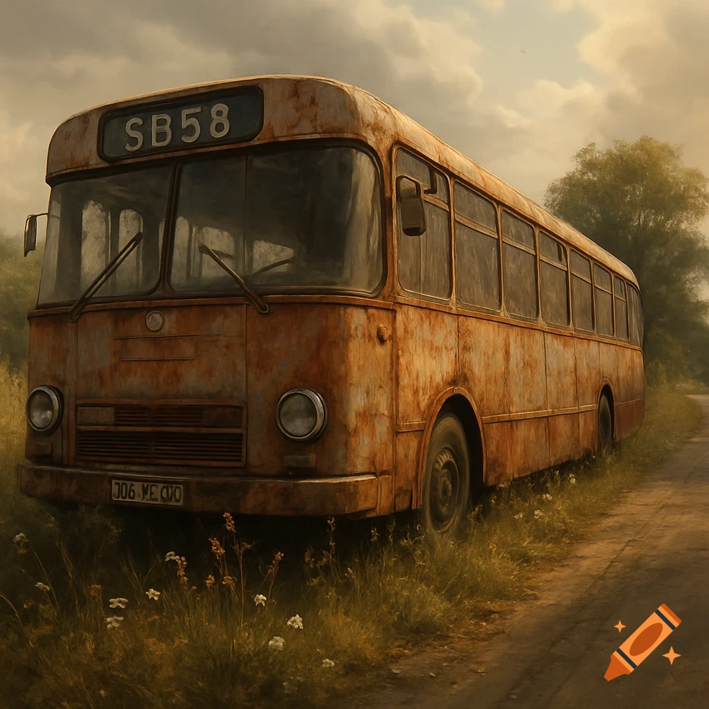 A rusty, dilapidated German bus with "SB58" on its destination sign, abandoned on a grassy dirt road under a cloudy sky.