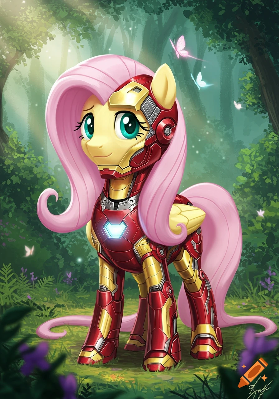 Stylized illustration of My Little Pony's Fluttershy in an Iron Man suit, standing in an enchanted forest with butterflies.