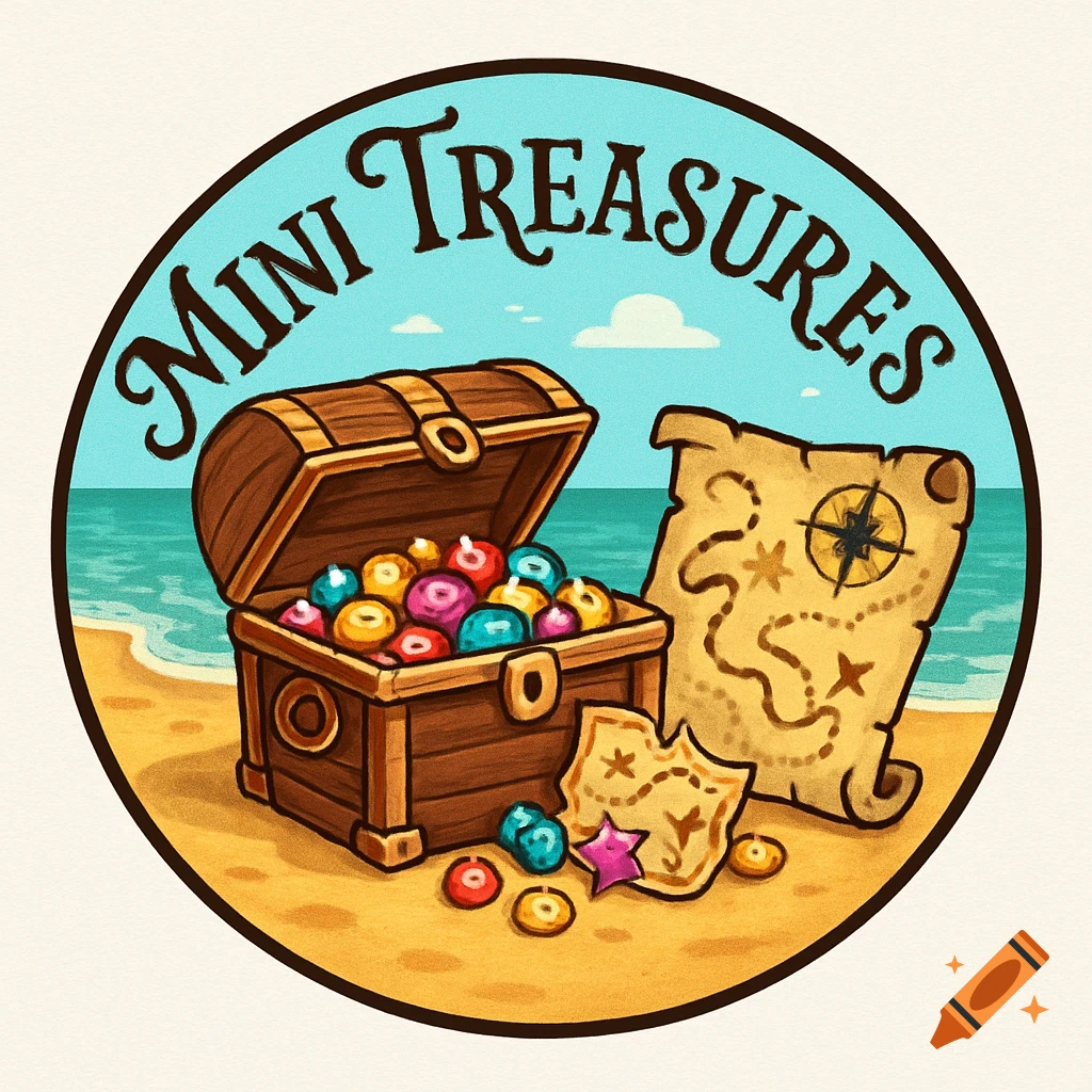 Cartoon logo with a treasure chest, colorful charms, and a map on a beach with 'Mini Treasures' text.