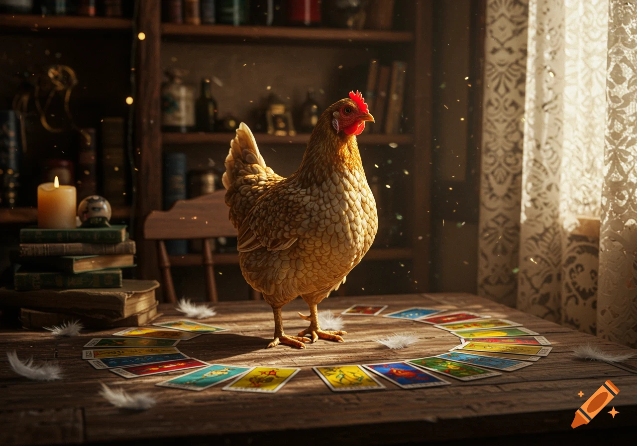A hen stands on a wooden table, surrounded by tarot cards. Books, a candle, and a lace curtain are in the background, with dust motes floating in warm light.