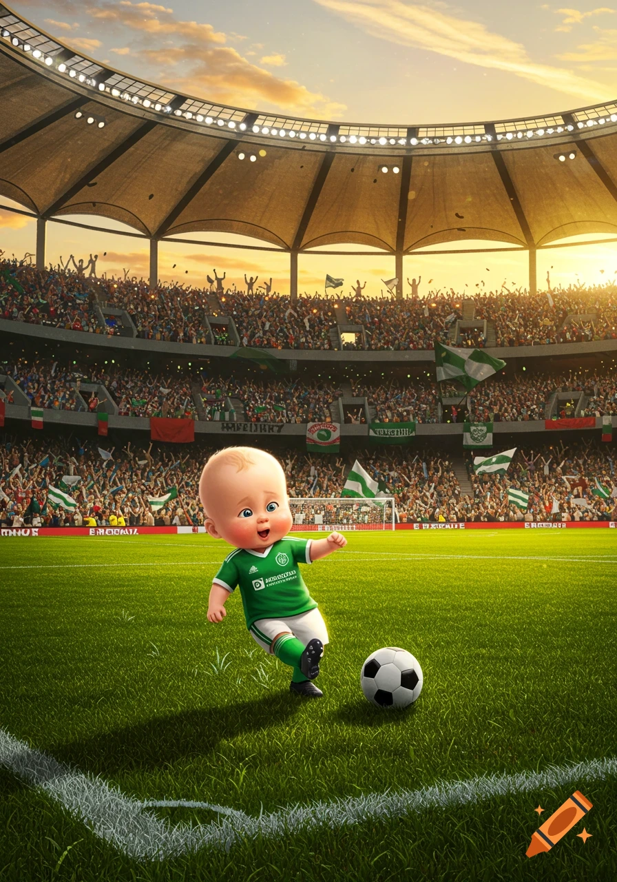 A smiling cartoon baby in a green and white football kit stands on a football pitch with a soccer ball, facing an audience-filled stadium at sunset.