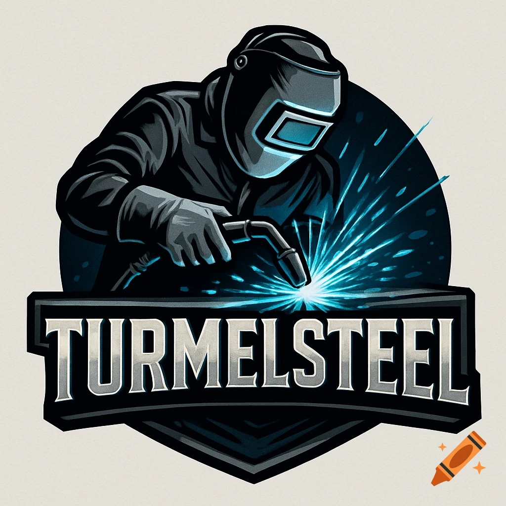 Stylized logo illustration of a welder in a helmet with bright blue welding sparks, above the text "TURMELSTEEL".
