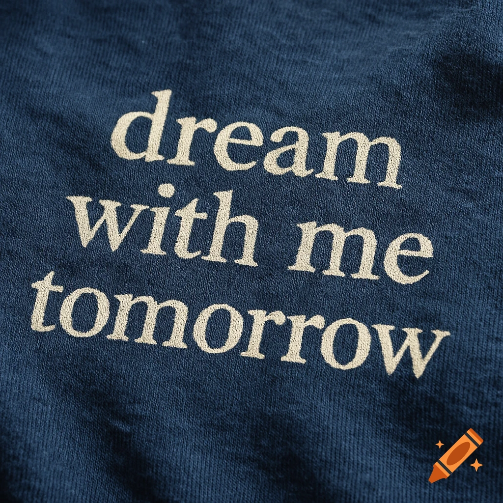 White text 'dream with me tomorrow' printed on a close-up of navy blue cotton fabric.
